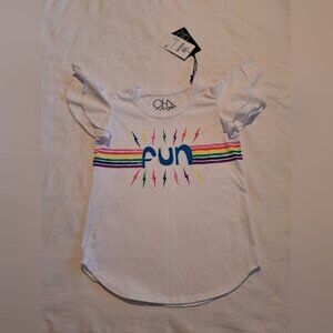 Chaser girls size 10 white short ruffle sleeve shirt, rainbow design, NWT